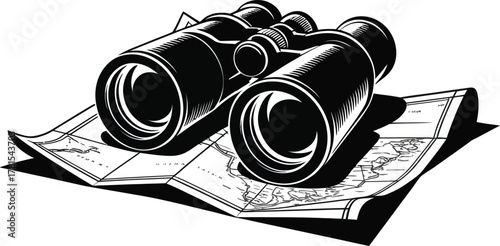 Binoculars and map silhouette for exploration and adventure gear