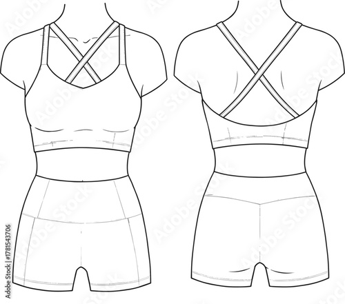 Athletic sports bra and shorts, technical fashion sketch, activewear design, front and back view, fitness apparel, stylish workout outfit