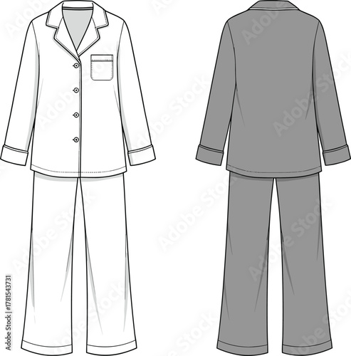 Classic long sleeve pajama set front and back view, comfortable nightwear illustration, button shirt with pants, cozy sleepwear fashion template drawing