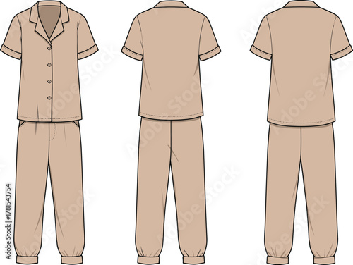 Beige pajama set front and back view, comfortable nightwear illustration, short sleeve top with elastic pants, cozy sleepwear fashion template drawing