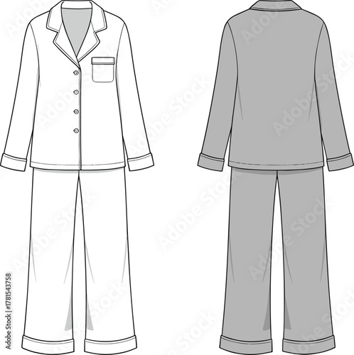 Long sleeve pajama set front and back view, cozy nightwear illustration, button shirt with pants, comfortable sleepwear fashion technical drawing template