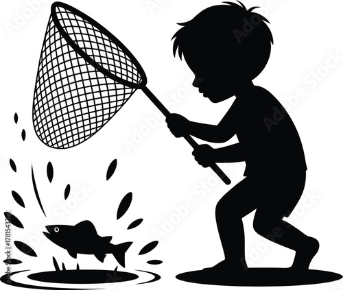 Young boy casting a fishing net with fish silhouette