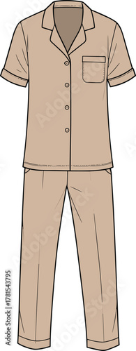 Beige pajama set front view, comfortable sleepwear outfit illustration, short sleeve top with pants, cozy nightwear fashion design drawing template
