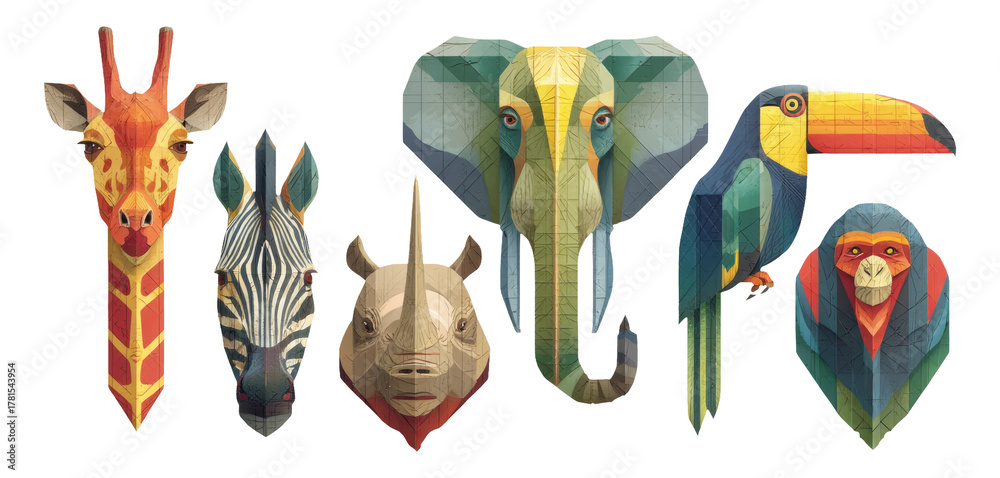 Obraz premium Colorful Geometric Animal Illustrations on Isolated Background for Art Collection