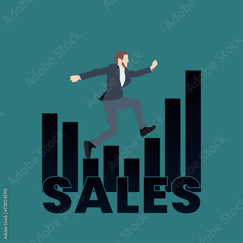 Salesman Jumping with Fluctuating Sales Graph – Business Vector