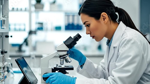 Science and Discovery: A focused scientist in a lab coat and gloves peers intently into a microscope, working to unveil new discoveries and scientific breakthroughs.
