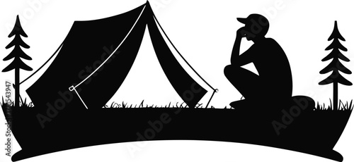 Man contemplating nature by a tent in a serene outdoor silhouette