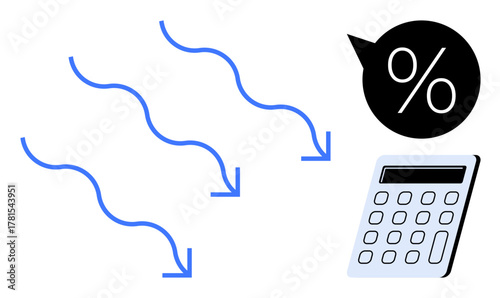 Downward arrows representing decline, calculator symbolizing calculations, and percentage sign for financial analysis. Ideal for business, finance, data analysis, interest rate, savings, growth