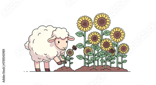 Adorable sheep tending a vibrant sunflower garden, a charming illustration perfect for children's books or spring themed projects evoking happiness and innocence