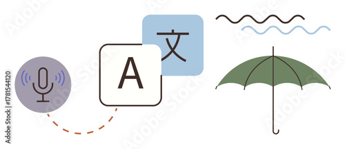 Microphone, language icons, green umbrella, and sound waves conveying translation, communication, accessibility, global understanding, protection, support and diversity in a simple flat metaphor
