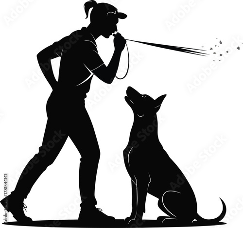 Dog trainer whistle command silhouette with pet obedience training