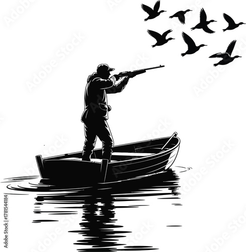 Duck hunter in a boat with waterfowl a striking silhouette design
