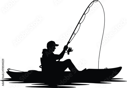 Man fishing from a kayak with a rod depicted in a distinct silhouette style
