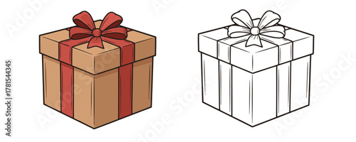 Flat cartoon style colored and outline drawing of a square gift box with lid and a decorative ribbon bow, perfect for holiday concepts
