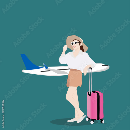 Woman Ready for Vacation with Airplane Background – Flat Travel Illustration