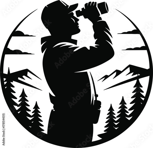 Hiker with binoculars observing a mountain forest landscape silhouette
