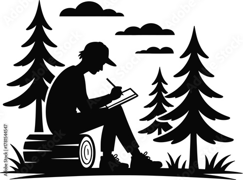 Hiker silhouette exploring a forest with a sketchbook and nature elements silhouette
