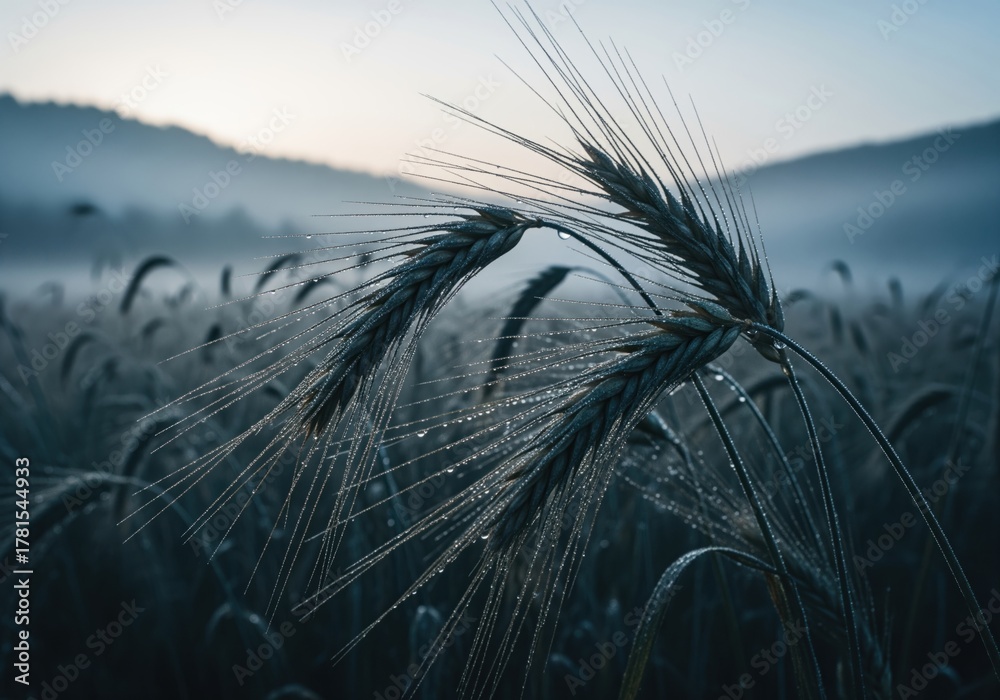 Obraz premium Macro view of glistening dewdrops on rye grain in a misty field at early morning.