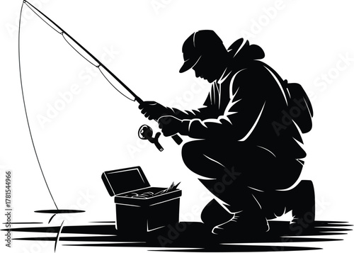 Silhouette of an ice fisherman holding a rod over a hole in the ice