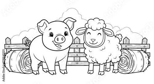 Charming pig and sheep coloring page for kids, a delightful farmyard scene ready for creative expression and fun times with adorable animals