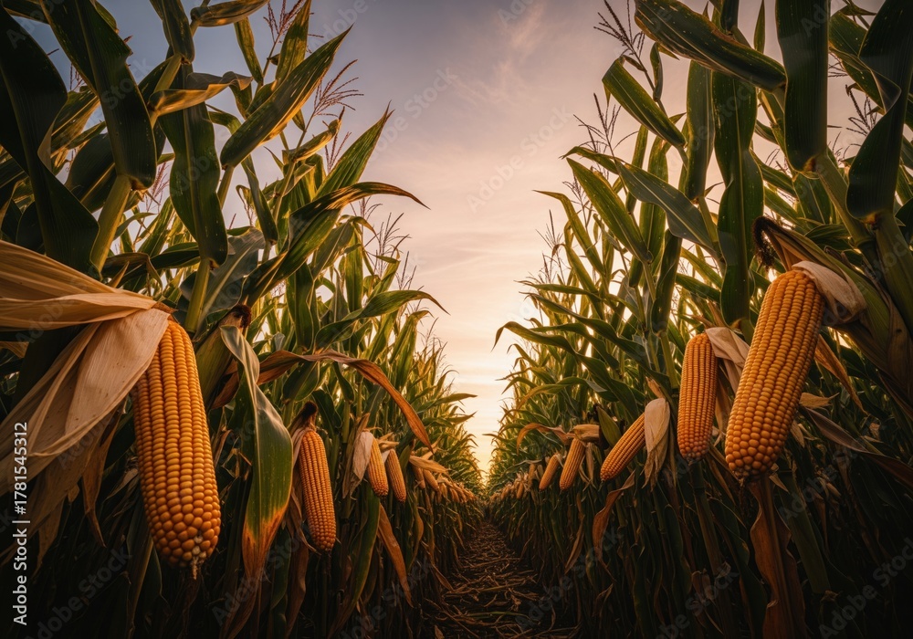 Fototapeta premium Ripe golden corn ears hanging from tall stalks in a vast agricultural field at sunset.