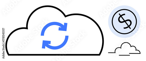 Large cloud with blue sync arrows and smaller cloud beside transparent dollar sign. Ideal for cloud computing, data exchange, financial management, digital services, online storage, business