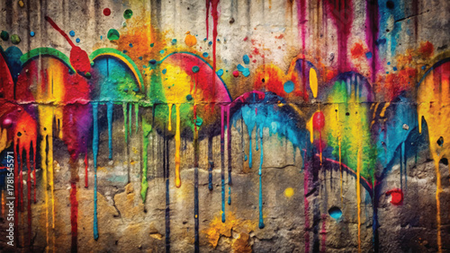 Colorful Street Graffiti Wall Texture Background with Dripping Paint and Urban Art Design