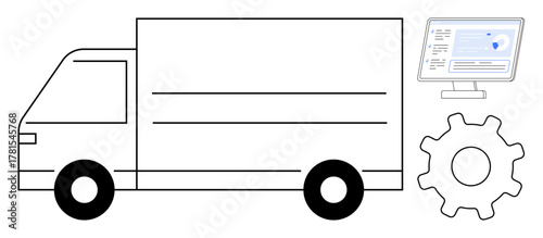 Delivery truck, gear, and digital screen interface highlighting logistics, transportation, e-commerce, warehouse management, systems optimization, delivery tracking, and technology integration
