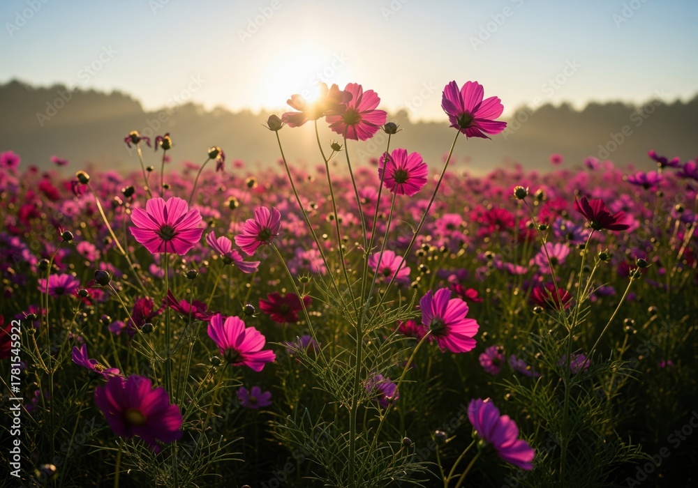 Obraz premium Stunning field of vibrant pink cosmos flowers backlit by the golden morning sun.