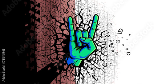 Electrifying rock on hand gesture bursts through a wall of dissent, unleashing raw energy and defiant spirit for music, rebellion, or creative expression