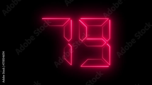 Glowing neon digital text 79 number . Educational mathematics concept 79 number, promote advertising concept isolate using quick time black background. it is ready for education and able to use.