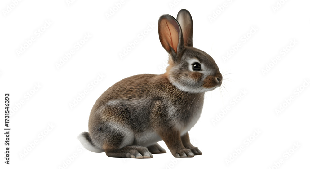 Fototapeta premium Adorable brown rabbit sitting gracefully on a clean white background.