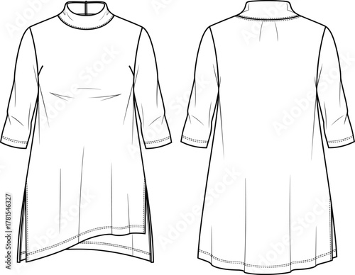 Tunic top fashion sketch, mock turtleneck, asymmetrical hem, three-quarter sleeve, flat technical drawing, front back view