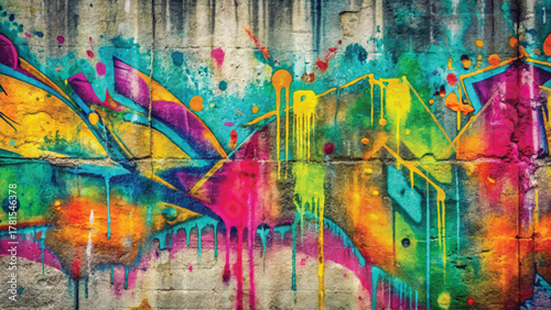 Colorful Street Graffiti Wall Texture Background with Dripping Paint and Urban Art Design
