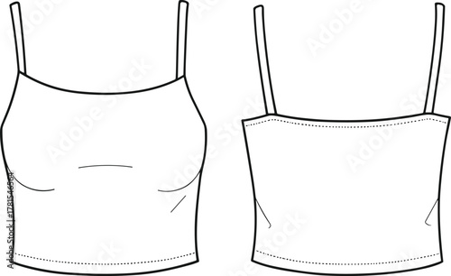 Women's camisole top, fashion flat sketch, technical drawing, spaghetti straps, front back view, apparel design, garment illustration, minimalist style, contour lines, fitted silhouette