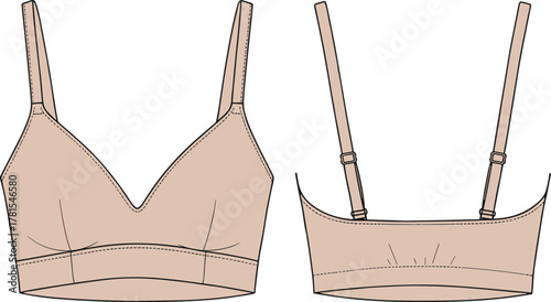 Women's bralette technical fashion sketch, front and back view, CAD drawing, flat vector illustration, lingerie design, garment construction details