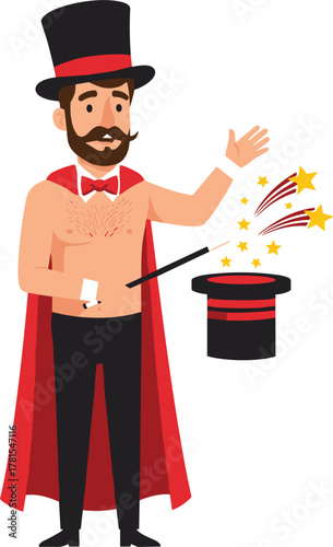 Cartoon illustration of a magician performing a magic trick with wand, top hat, cape, and colorful magical sparks
