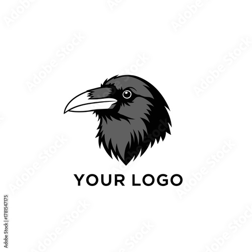 Striking monochromatic raven head design for custom brand identity creation