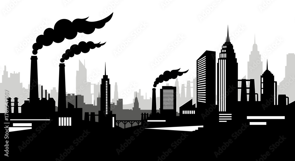 Fototapeta premium Dramatic silhouette of industrial city skyline with dark smoke against a bright background, conveying urban challenges and environmental awareness