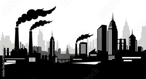 Dramatic silhouette of industrial city skyline with dark smoke against a bright background, conveying urban challenges and environmental awareness