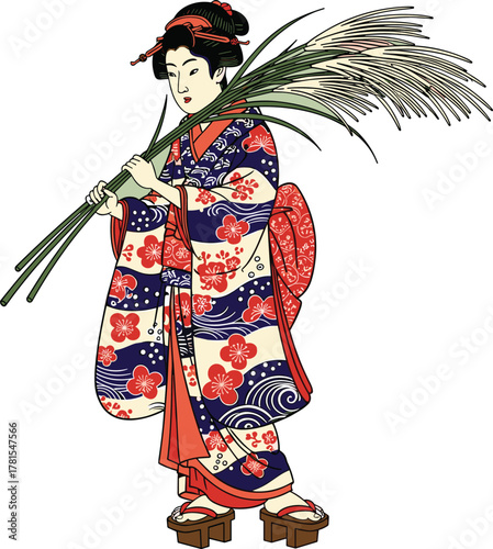 Traditional Japanese Woman in Kimono Holding Pampas Grass Vector