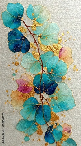 Delicate teal and gold blossoms arranged in vertical flowing form.
