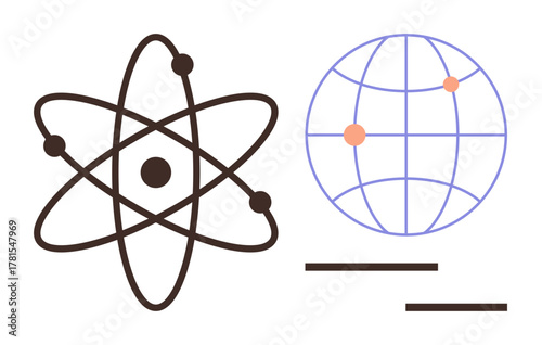 Atom model with orbiting electrons and globe with latitude and longitude lines. Ideal for education, technology, global science, connectivity, research, innovation, simple flat metaphor