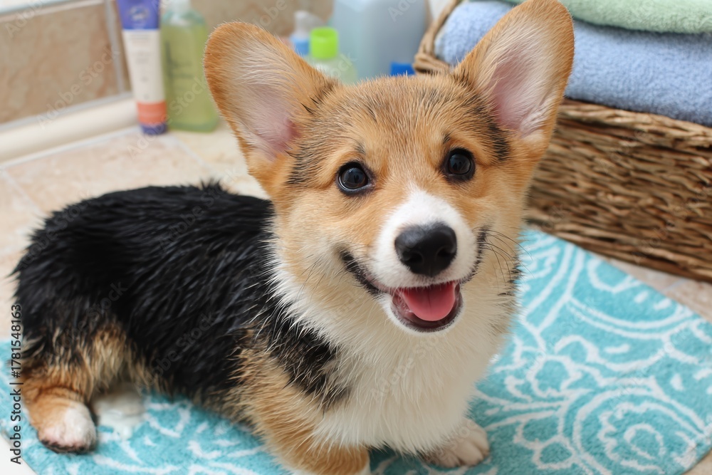 Obraz premium Adorable Corgi Puppy with Big Smile Relaxing on Soft Rug in Bright Bathroom Setting Surrounded by Bath Products and Cozy Towels
