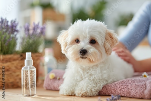 Adorable fluffy dog resting on a cozy towel with a spritzer bottle nearby, surrounded by calming lavender plants in a serene grooming environment