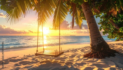Serene Tropical Beach Sunrise With Palm Trees And A Hanging Swing Over White Sand And Gentle Waves Under A Golden Sky With Soft Clouds And Ocean Horizon