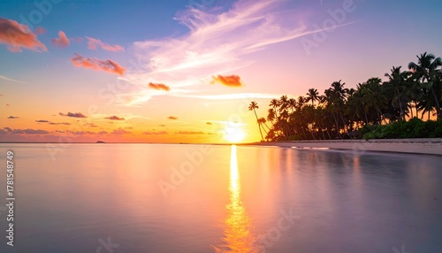 Serene Tropical Beach Sunset With Palm Trees Silhouetted Against A Vibrant Orange Pink And Purple Sky Reflected In Calm Water