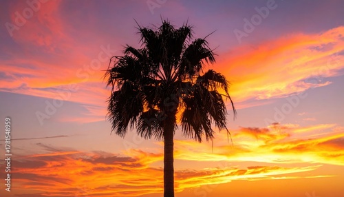 Silhouette of a palm tree against a vibrant sunset sky with fiery orange and pink clouds