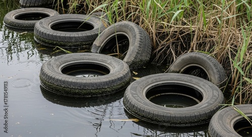 Discarded tires pollute waterway with several old vehicle tires floating in stagnant water among reeds. Discarded tires represent environmental contamination and disregard for nature.