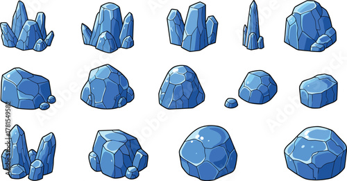 Stylized blue crystal and rock formation set, cartoon-style environmental assets for fantasy, sci-fi, game design, and digital art